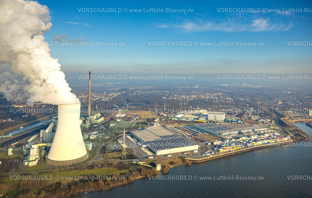 Duisburg260101532 | Luftbild, rauchender Kühlturm, duisport logport VI Walsum, logport 6, Baustelle und Neubau Multimodal Terminal Duisburg GmbH neben dem STEAG Kraftwerk Walsum am Fluss Rhein, Alt-Walsum, Duisburg, Ruhrgebiet, Nordrhein-Westfalen, Deutschland