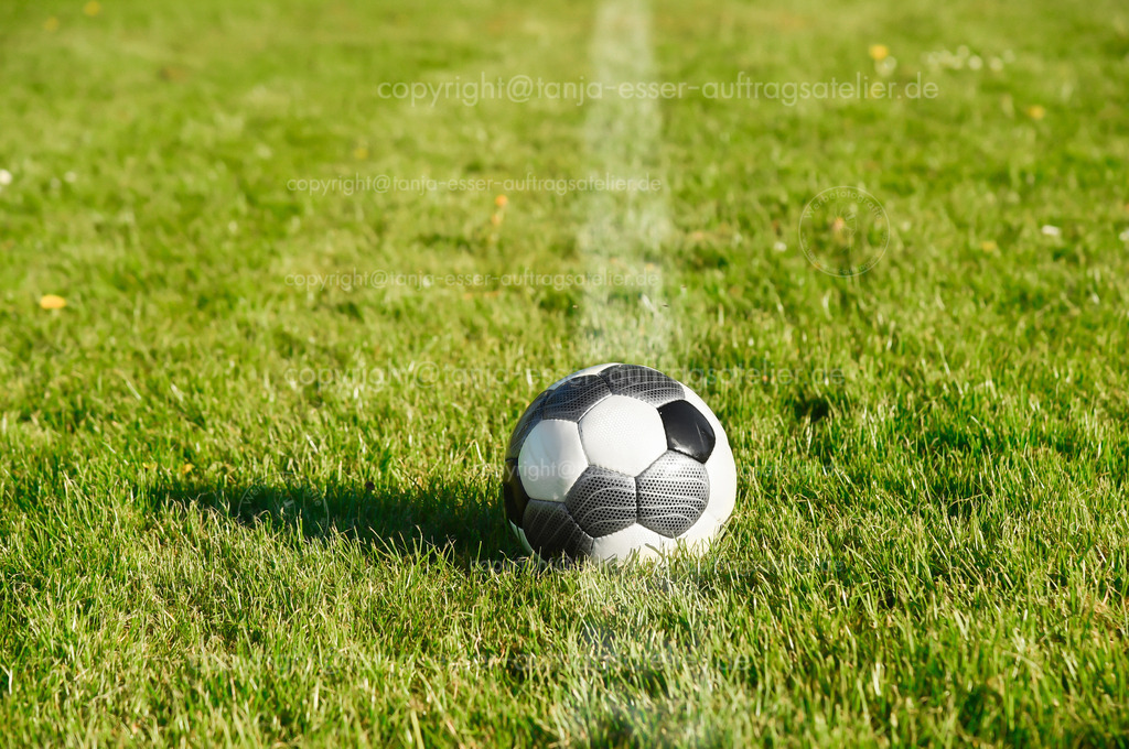 An empty football field in summer | In summer on an empty football field. The grass field has applied lines to limit the playing field. There are no advertisements on the sidelines. Rural area in the Sauerland.