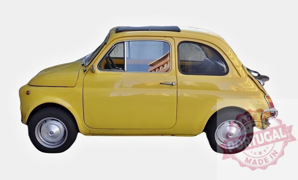 Classic yellow Fiat 500 parked, showing its timeless design and Italian charm | Small vintage yellow Fiat 500 parked against a white background, showcasing its iconic design and Italian heritage - Realized with Pictrs.com