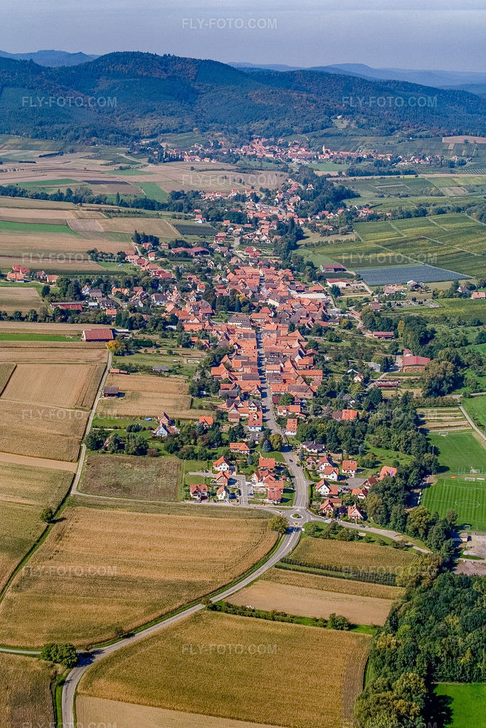 Aerial view: View of the town from the southeast in Steinseltz in the state Bas-Rhin, France. – Photo: IMG_13605.jpg taken on 09/28/2008 by Werner Riehm/FLY-FOTO.com – Resolution of the original: 2261 x 3391 px