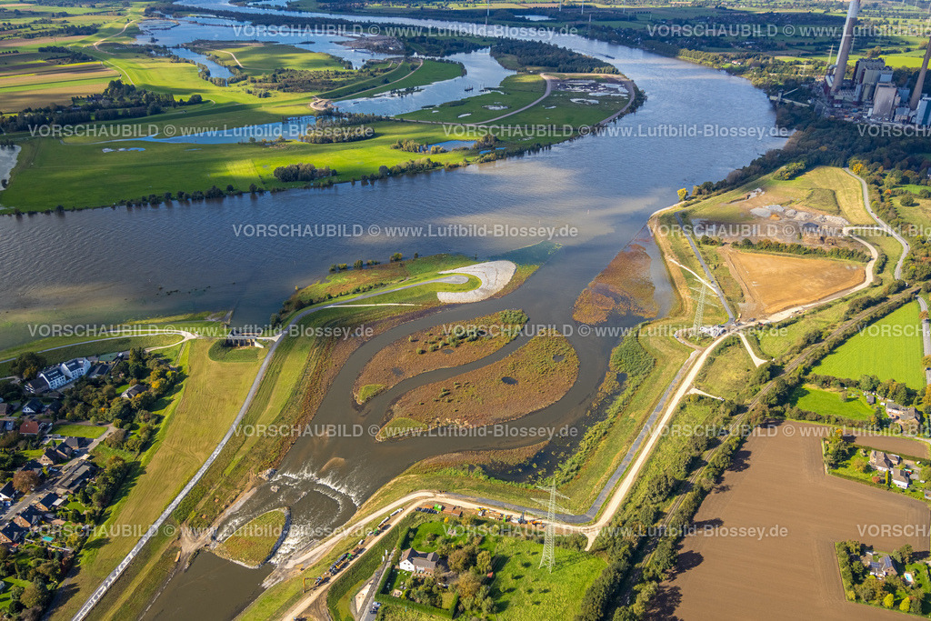 Dinslaken241009239 | Luftbild, Fluss Emscher und Emscherdelta, neue Emschermündung in den Fluss Rhein, Gleitsohle, oben Rheinvorland im Orsoyer Rheinbogen, Eppinghoven, Dinslaken, Ruhrgebiet, Nordrhein-Westfalen, Deutschland