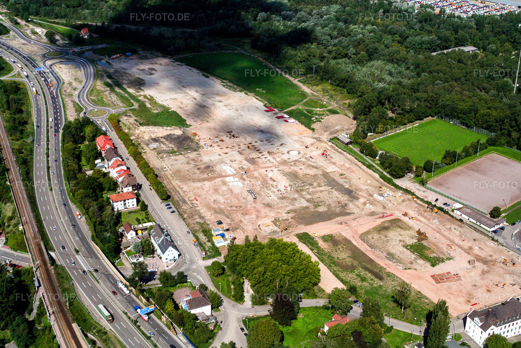 Luftbild: Baustelle zum Neubau des Gebäudekomplexes des Einkaufszentrum Maximilian-Center im Ortsteil Maximilian-Center am Rhein im Ortsteil Maximiliansau in Wörth im Bundesland Rheinland-Pfalz in Deutschland. Foto: IMG_3647.jpg vom 31.08.2006 durch Werner Riehm/FLY-FOTO.de