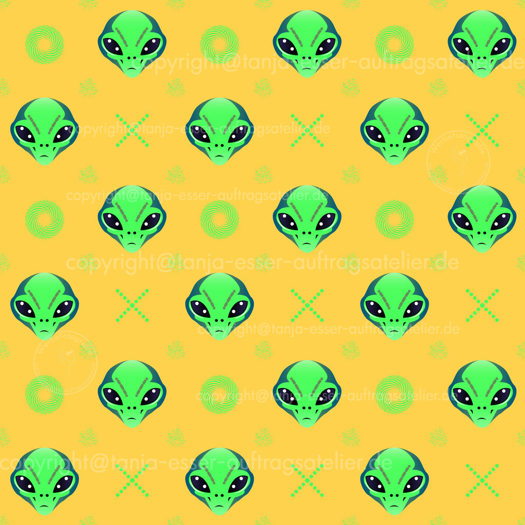 192 b Geschenkpapier Science Fiction D | Trendiges nahtloses Muster mit Alien Kopf und geheimnisvollen grünen Zeichen. Science Fiktion. Neonfarbiger greller glatter Hintergrund. Geeignet für Geschenkpapier, Tapete, Textilien.