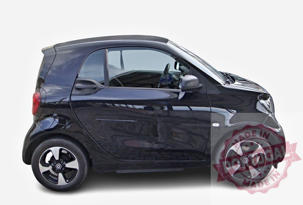 Smart Fortwo Coupé showcasing its compact and stylish design on a white background | Side view of a black Smart Fortwo Coupé, highlighting its small size and modern aesthetics, isolated on white - Realized with Pictrs.com