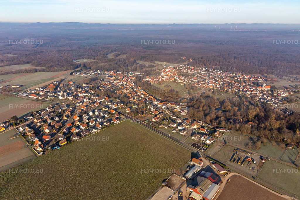 Vue aérienne: Vue de la ville à Scheibenhard dans le département Bas Rhin, France. Photo: IMG_124055.jpg prise le 11/01/2021 par Werner Riehm/FLY-FOTO.euRésolution de l'original: 5362 x 3574 px
