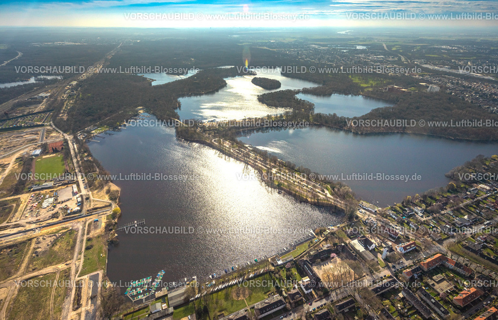 Duisburg240302846 | Luftbild, Sechs-Seen-Platte, Naherholungsgebiet, Wolken und blauer Himmel, Wedau, Duisburg, Ruhrgebiet, Nordrhein-Westfalen, Deutschland, Duisburg-S