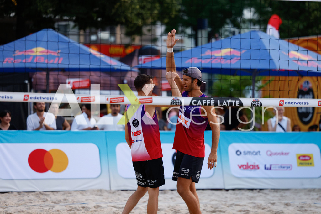 Obi BeachTour 2026 - Basel | BASEL, SWITZERLAND - JULY 17: YANN BORTOLUZZI (SUI) and GAÉTAN JAUFFRET (SUI) (SUI) during the Obi BeachTour 2026 match between HAGENBUCH / HAUSSENER (SUI) and BORTOLUZZI / JAUFFRET (SUI) at Barfüsserplatz on July 17, 2026 in Basel, Switzerland. - Realisiert mit Pictrs.com