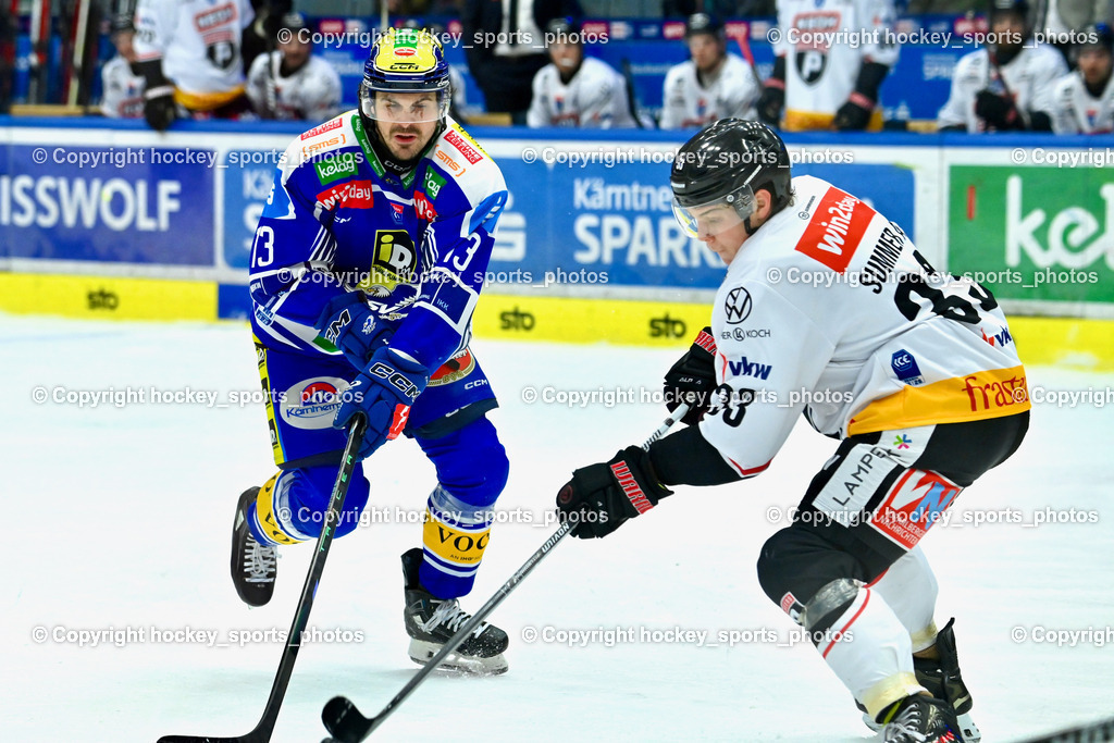 EC IDM Wärmepumpen VSV vs. Pioneers Vorarlberg | #13 Adam Helewka EC VSV, #33 Aron Summer Pioneers Vorarlberg, EC IDM Wärmepumpen VSV vs. Pioneers Vorarlberg, EC IDM Wärmepumpen VSV vs. Pioneers Vorarlberg am 22.02.2026 in Villach (Stadthalle Villach), Austria, (Photo by Bernd Stefan)