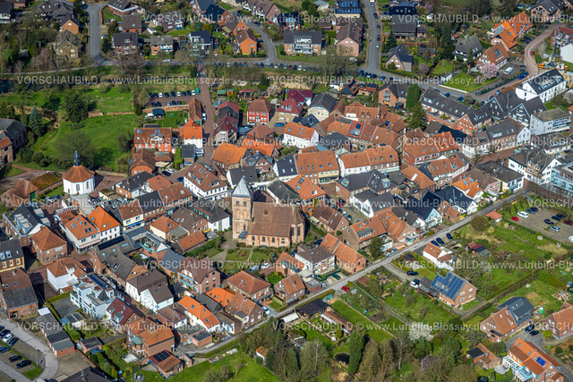 Schermbeck240310147 | Luftbild, evang. Sankt Georg Kirche im Ortszentrum, rote Dächer der Häuser, Schermbeck, Nordrhein-Westfalen, Deutschland
