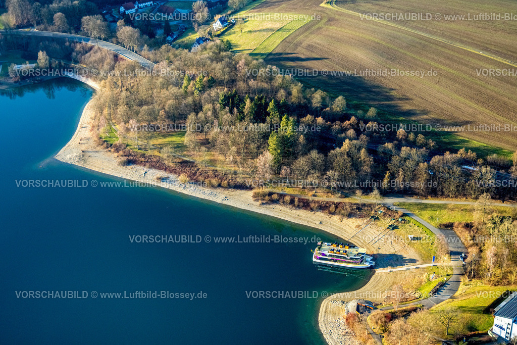 Meschede260105181 | Luftbild, Ausflugsschiff EMS Hennesee am Schiffsanleger, Hennesee Hennetalsprerre, Berghausen, Meschede, Sauerland, Nordrhein-Westfalen, Deutschland