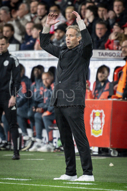 DFB Cup semifinal match Bayer 04 Leverkusen vs. FC Bayern Munich, 22.04.2026 | LEVERKUSEN, GERMANY - APRIL 22, 2026: Kasper Hjulmand (Head Coach Bayer 04 Leverkusen) gestures  emotional during the German DFB Cup semifinal match between Bayer 04 Leverkusen vs. FC Bayern Munich at BayArena on April 22, 2026 in Leverkusen, Germany. DFL REGULATIONS PROHIBIT ANY USE OF PHOTOGRAPHS AS IMAGE SEQUENCES AND/OR QUASI-VIDEO.