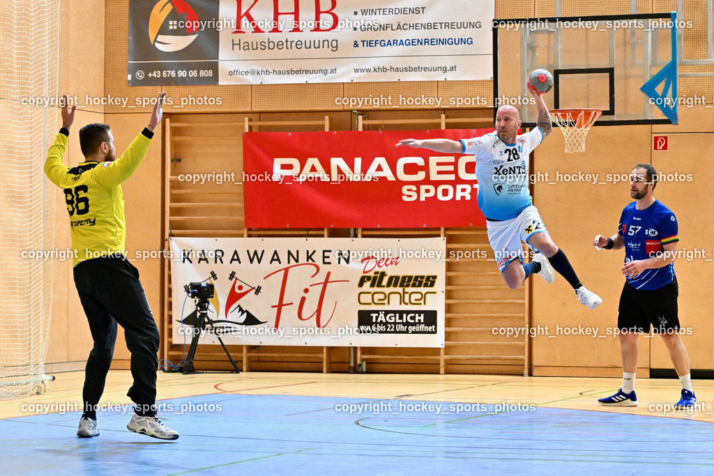 SC Ferlach vs. HSG Bärnbach/Köflach 30.3.2024 | #96 KONECNY Micha Martin SC Ferlach, #28 WEBER Robert HSG Bärnbach, #57 LEBAN Patrik SC Ferlach, SC Ferlach vs. HSG Bärnbach/Köflach 30.3.2024, SC Ferlach vs. HSG Bärnbach/Köflach am 30.03.2024 in Ferlach (Ballspielhalle Ferlach), Austria, (Photo by Bernd Stefan)