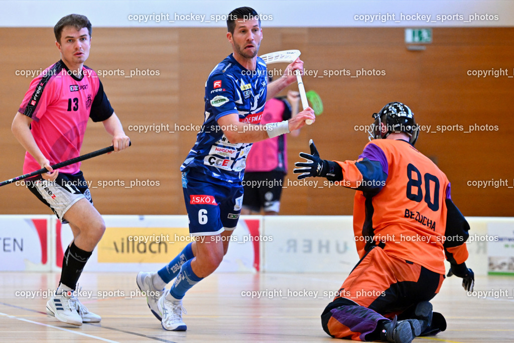 VSV Unihockey vs. Wiener Floorball Verein | #80 BEZUCHA Bernhard Wiener Floorballverein, #6 Timo Schmid VSV Unihockey, #13 Jan Sláma VSV Unihockey, VSV Unihockey vs. Wiener Floorball Verein, VSV Unihockey vs. Wiener Floorball Verein am 18.05.2025 in Villach (Ballspielhalle St. Martin), Austria, (Photo by Bernd Stefan)