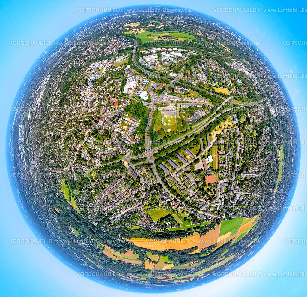 Muelheim230790097_Heissen | Luftbild, Ortsansicht Ortsteil Heißen, Erdkugel, Fisheye Aufnahme, Fischaugen Aufnahme, 360 Grad Aufnahme, tiny world, Heißen - Mitte, Mülheim an der Ruhr, Ruhrgebiet, Nordrhein-Westfalen, Deutschland