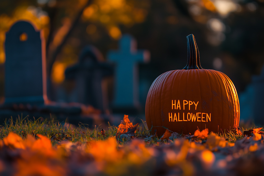 Halloweengrüße: Halloween auf einem Friedhof mit Text HAPPY HALLOWEEN  | Halloweengrüße: Halloween auf einem Friedhof mit Text HAPPY HALLOWEEN  - Realisiert mit Pictrs.com