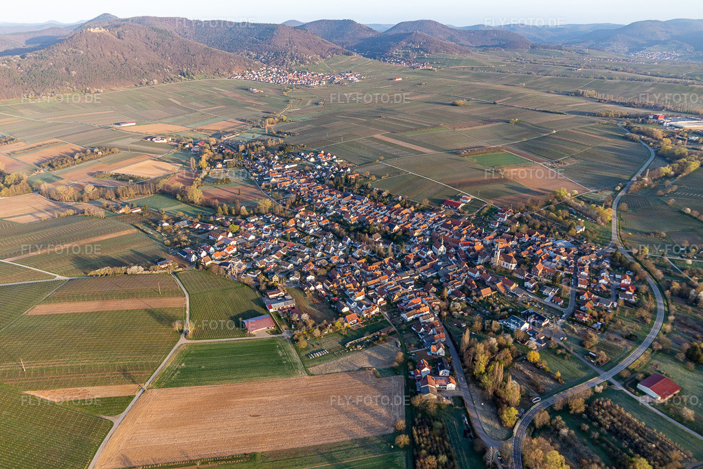 Luftbild: Landwirtschaftliche Nutzflächen und Feldgrenzen im Frühjahr umsäumen das Siedlungsgebiet des Dorfes in Göcklingen im Bundesland Rheinland-Pfalz in Deutschland. Foto: IMG_126225.jpg vom 04.04.2021 durch Werner Riehm/FLY-FOTO.de