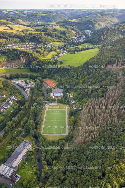 Hagen230904078 | Luftbild, Hügellandschaft mit Fernsicht, Sportplatz Kämpchen und Sporthalle Volmetal, Dahl, Hagen, Ruhrgebiet, Nordrhein-Westfalen, Deutschland