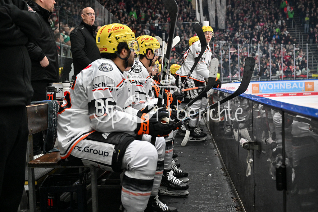 Augsburger Panther - Löwen Frankfurt  | Die Bank der Gaeste im Bild / DEL: Augsburger Panther - Loewen Frankfurt, Curt Frenzel Stadion am 12.01.2025