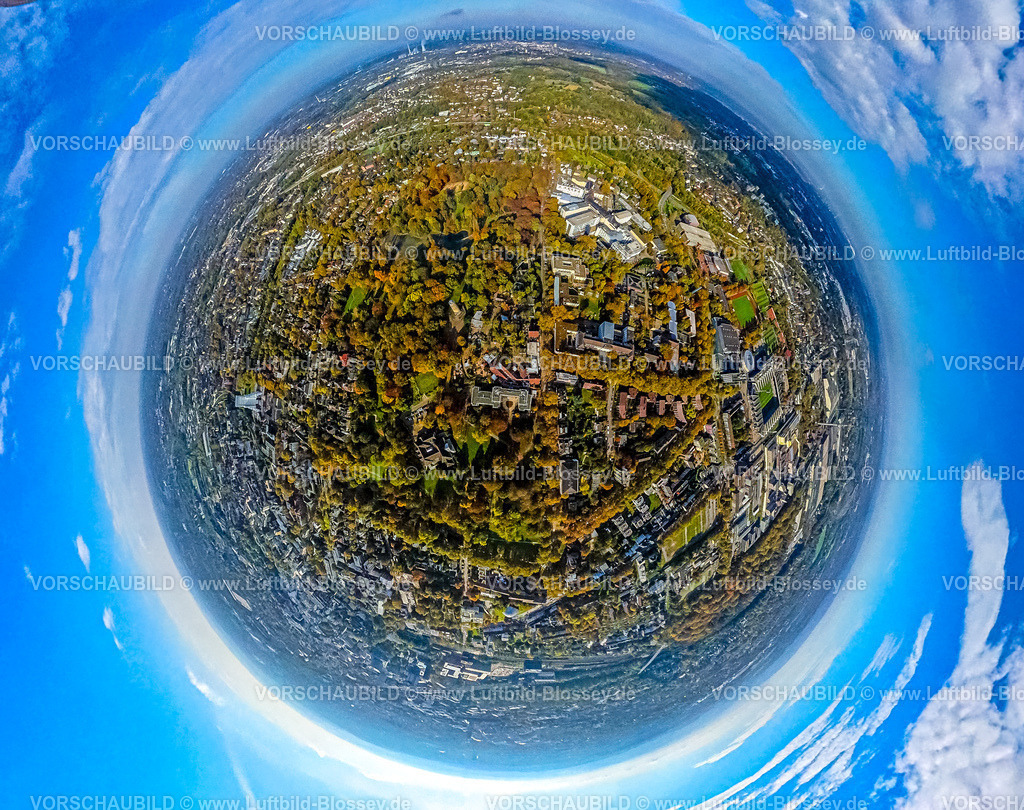 Bochum241090423TierPark | Luftbild, Volkspark und Tierpark Bochum mit Bismarckturm und herbstlichen Böumen, Erdkugel, Fisheye Aufnahme, Fischaugen Aufnahme, 360 Grad Aufnahme, tiny world, little planet, fisheye Bild, Grumme, Bochum, Ruhrgebiet, Nordrhein-Westfalen, Deutschland