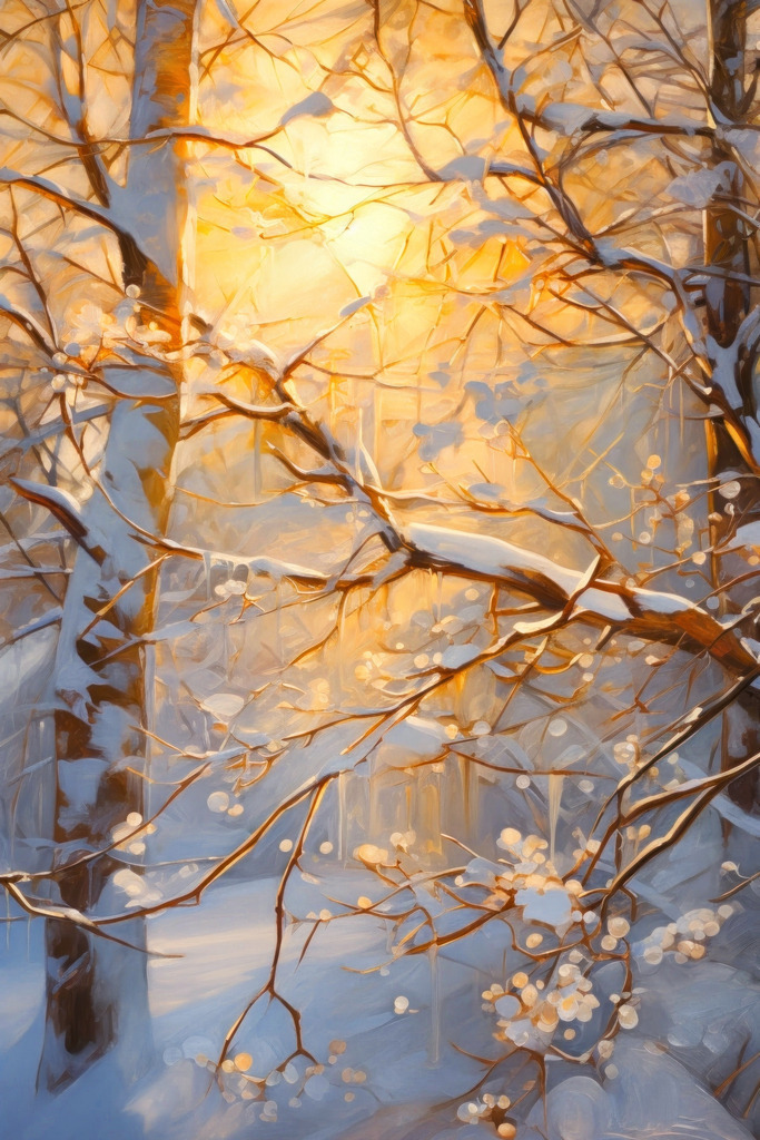 2601028 - Goldenes Sonnenlicht im Winterwald | Schneebedeckte Äste in einem winterlichen Wald im Sonnenlicht im Stil eines Gemäldes.
