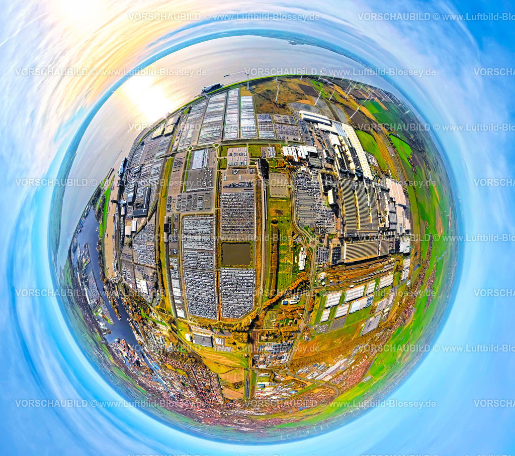 Emden251104771screenshot2 | Luftbild, PKW Logistik Volkswagenwerk, Außenhafen Emden mit SFL Schiff Wolfsburg Car Carriers, Volkswagen PKW Verladestation,Fischaugenaufnahme, fish-eye Bild,  Emden, Norddeutschland, Ostfriesland, Niedersachsen, Deutschland