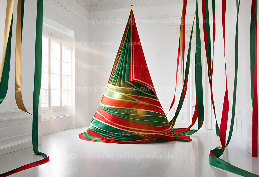 Weihnachtsbaum aus Stoff D | Fotorealistisches KI Bild zeigt: Großer Weihnachtsbaum aus Stoffstreifen in einem weißen Raum. Bunte Stoffbahnen in grün, rot und gold baumeln von der Decke und bilden in der Mitte einen Weihnachtsbaum. Die Sonne scheint durch ein Fenster.