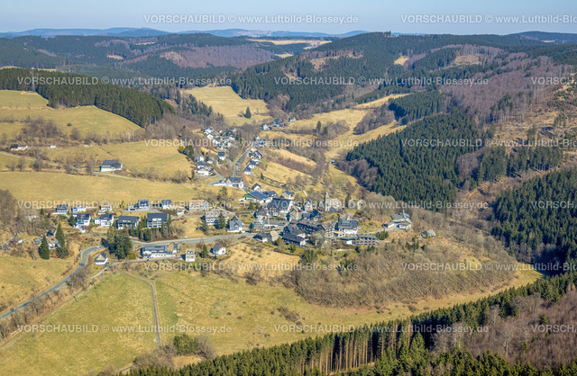 Schmallenberg220303603 | Luftbild, Ortsansicht Nordenau in bergiger Landschaft, Hotel Landhaus Nordenau, Nordenau, Schmallenberg, Sauerland, Nordrhein-Westfalen, Deutschland