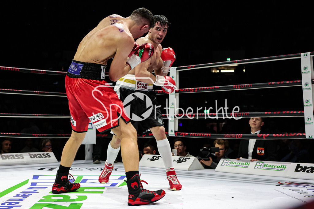 Profi - Box - Gala / Main Event | Robin KRASNIQI (rote Hose) in seinem Kampf gegen Rimour NIKARKHOEV (Schwarze Hose)