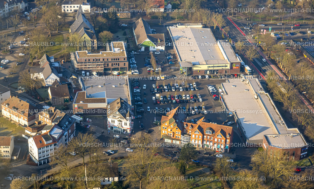 Hamm250201194Herringen | Luftbild, Einkaufszentrum Herringer Markt mit Baustelle, Edeka Supermarkt und Aldi Supermarkt, evang St.-Victor-Kirche, Stadtbezirk Herringen, Hamm, Ruhrgebiet, Nordrhein-Westfalen, Deutschland