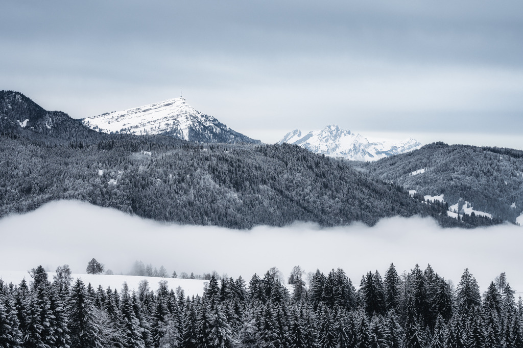 Rigi & Pilatus  | Die beiden Hausberge des Zugerlandes vom Raten aus gesehen im winterlichen Gewand mit Nebel über Ägeri - Realisiert mit Pictrs.com