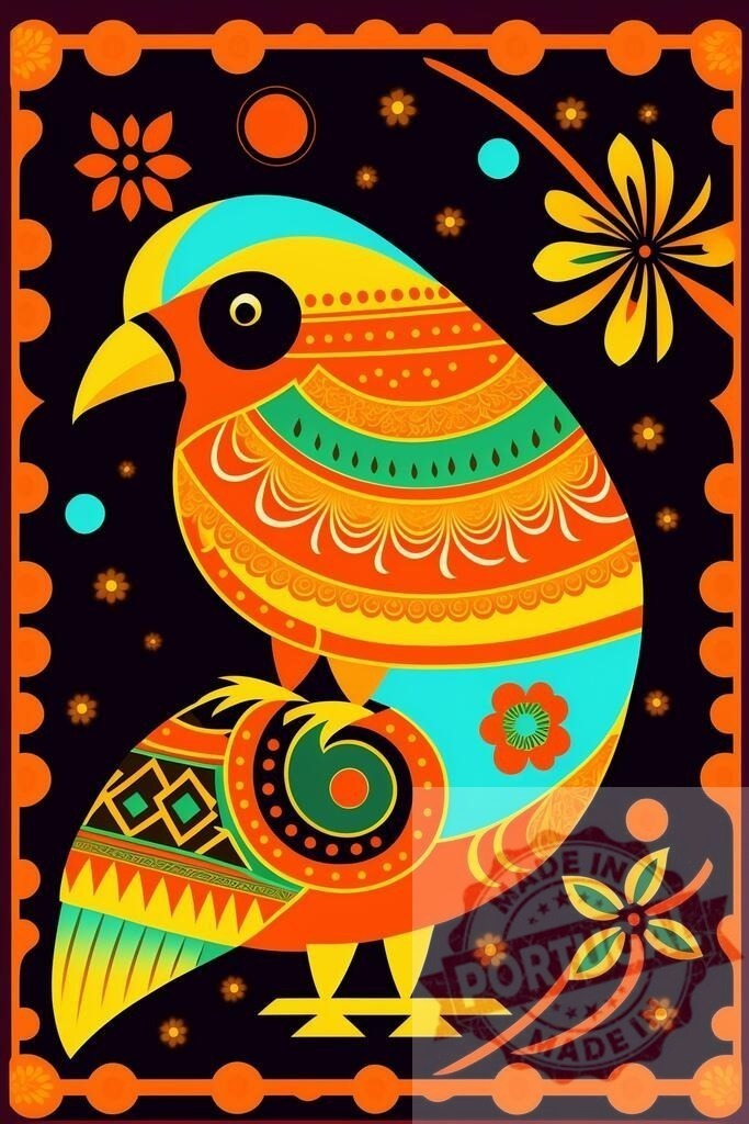 Colorful folk art bird with vibrant ornamental patterns | Stylized bird illustration featuring bold colors and intricate decorative patterns on a dark background - Realized with Pictrs.com