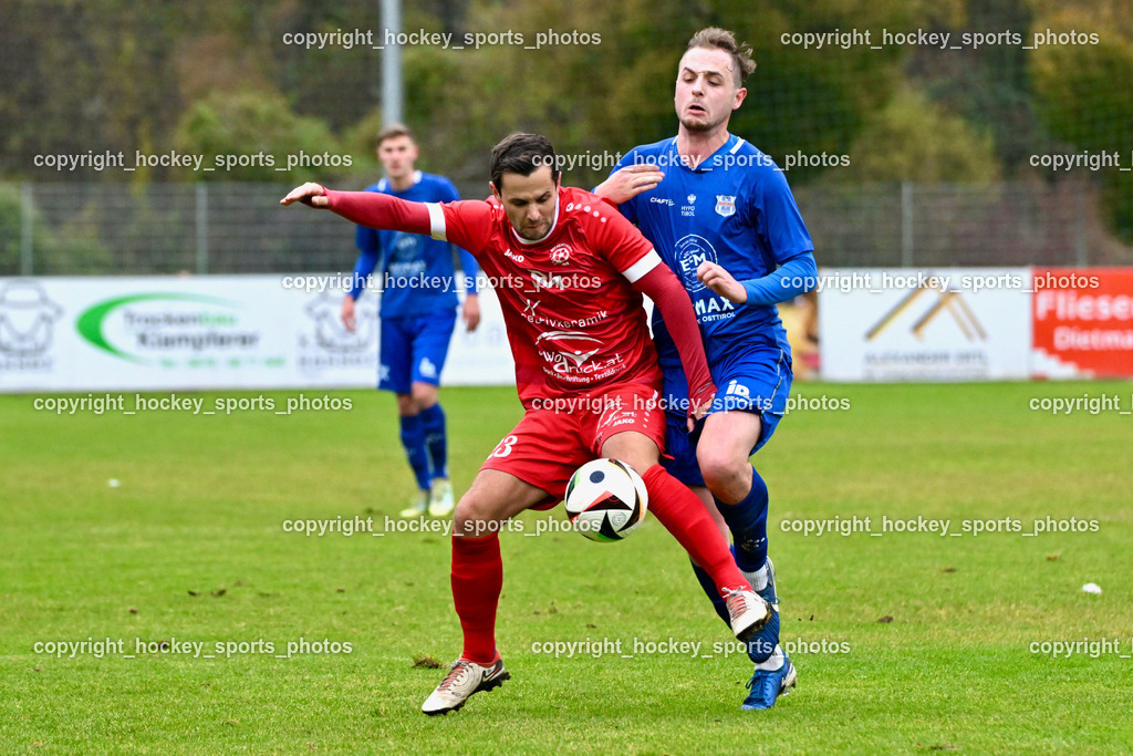 SV Rothenthurn vs. Union Matrei | #23 Marco Moser SV Rothenthurn, #19 Luca Jakob Blassnig Matrei, SV Rothenthurn vs. Union Matrei, SV Rothenthurn vs. Union Matrei am 09.11.2024 in Rothenthurn (Sportplatz Rothenthurn), Austria, (Photo by Bernd Stefan)