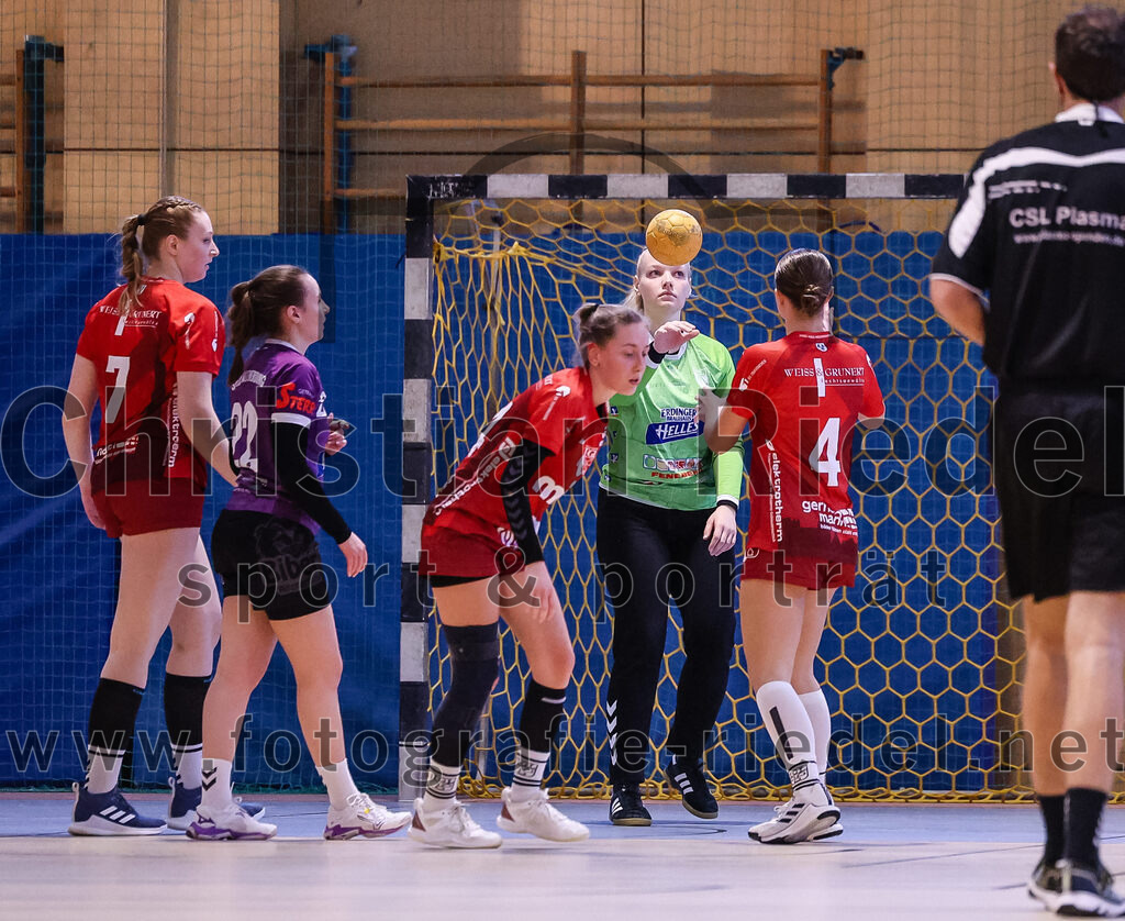 2025-02-22_089_SpVgg_Altenerding_gegen_TG_Landshut | Erding, Deutschland, 22.02.2025:Handball, Bezirksoberliga Frauen Altbayern 2024 / 2024, 15. Spieltag, SpVgg Altenerding gegen TG Landshut, Endergebnis: 25:22Nora Nieth (TG Landshut, #7), Johanna Taubmann (SpVgg Altenerding, #22), Torfrau Hanna Obermair (SpVgg Altenerding, #1), Lavinia Dreiling (TG Landshut, #4)Foto: Christian Riedel / fotografie-riedel.net