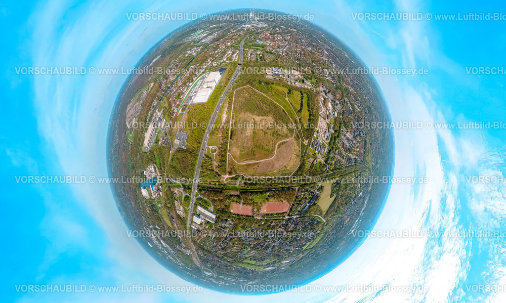 Herne230490072WanneThyssenHalde-topaz | Luftbild, Berghalde Pluto-Wilhelm, Thyssenhalde, Erdkugel, Fisheye Aufnahme, Fischaugen Aufnahme, 360 Grad Aufnahme, Wanne, Herne, Ruhrgebiet, Nordrhein-Westfalen, Deutschland