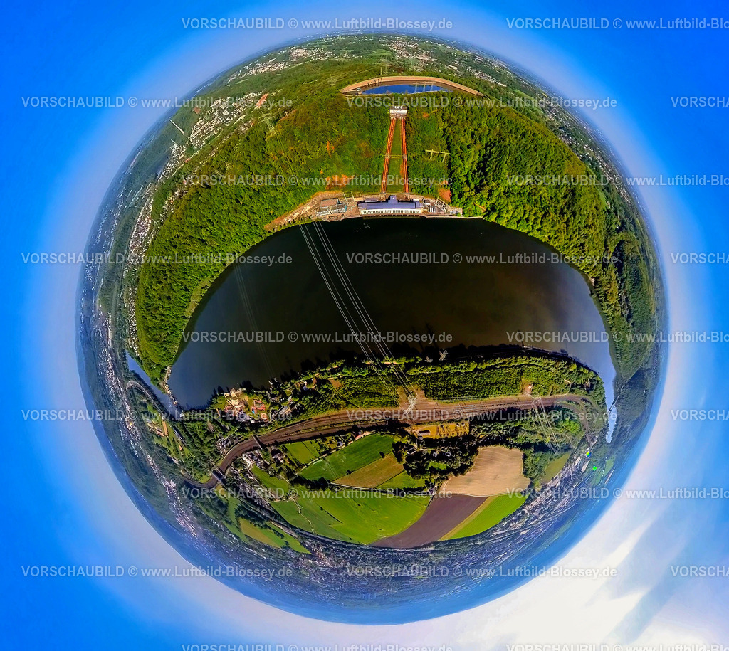 Herdecke240590188Hensteysee_RWE-Pumpspeicherbecken | Luftbild, Hengsteysee mit Koepchenwerk RWE Pumpspeicherkraftwerk und Speicherbecken, Ardeygebirge Waldgebiet, Erdkugel, Fisheye Aufnahme, Fischaugen Aufnahme, 360 Grad Aufnahme, tiny world, little planet, fisheye Bild, , Herdecke, Ruhrgebiet, Nordrhein-Westfalen, Deutschland