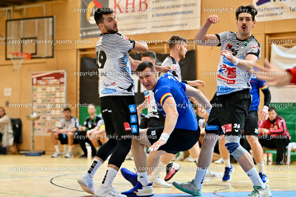 SC Ferlach vs. Schwarz Tirol Handball | #19 Medic Petar Schwaz Tirol Handball, #10 Perkusic Toni SC Ferlach, #26 MISKOVEZ Michael Schwaz Tirol Handball, SC Ferlach vs. Schwaz Tirol Handball, SC Ferlach vs. Schwarz Tirol Handball am 12.10.2024 in Ferlach (Ballspielhalle Ferlach), Austria, (Photo by Bernd Stefan)