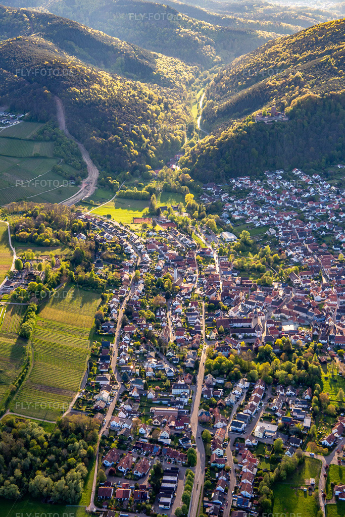Luftbild: Ortsansicht von Osten in Klingenmünster im Bundesland Rheinland-Pfalz in Deutschland. Foto: IMG_140289.jpg vom 23.04.2024 durch Werner Riehm/FLY-FOTO.de