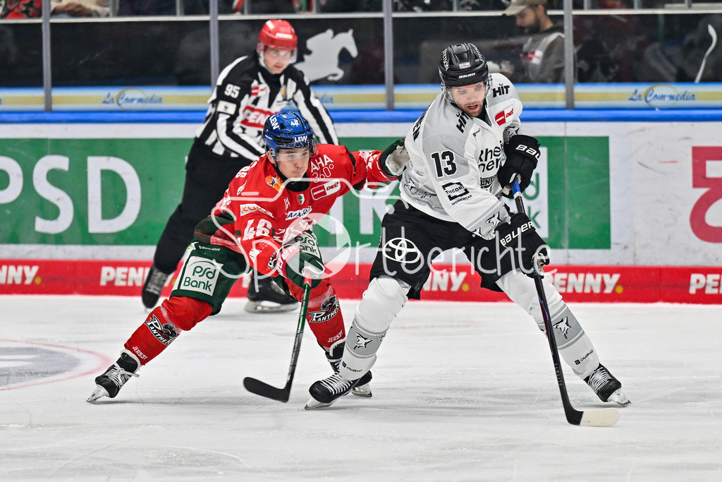 Augsburger Panther - Kölner Haie | im Duell Moritz ELIAS (Augsburger Panther #46) und Valtteri KAMIKÄINEN (Kölner Haie 13) / Zweikampf / DEL: Augsburger Panther - Kölner Haie; Curt Frenzel Stadion am 26.09.2025