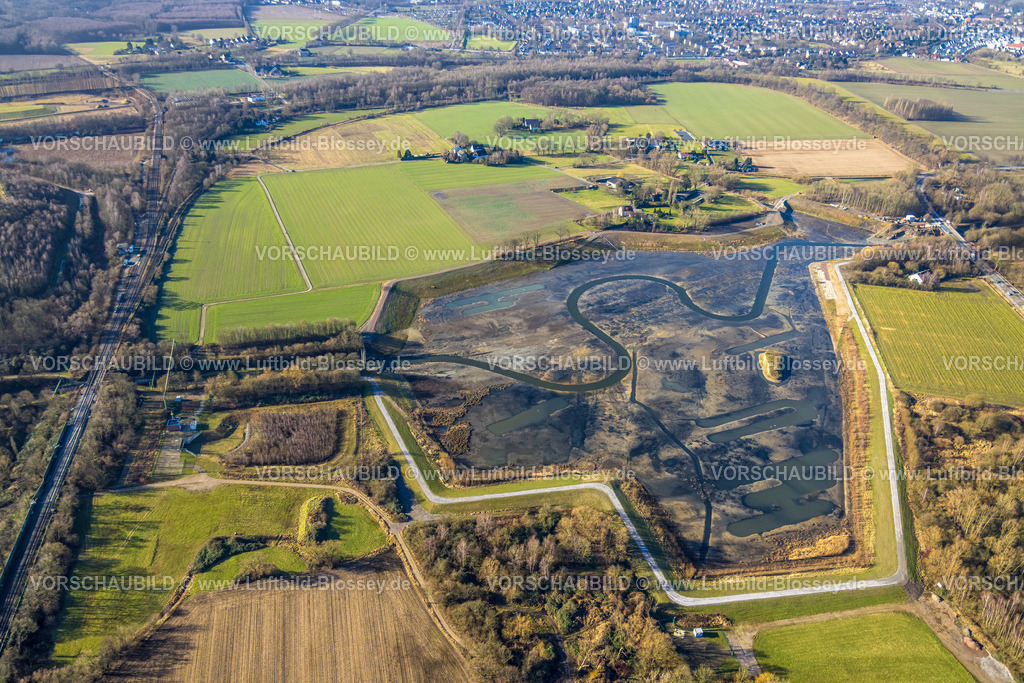 Dortmund240102333 | Luftbild, Hochwasser-Regenrückhaltebecken Ellinghausen mit Fluss Emscher, Deusen, Dortmund, Ruhrgebiet, Nordrhein-Westfalen, Deutschland