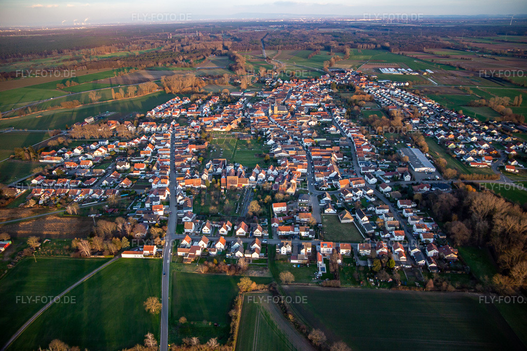 Luftbild: Ortsansicht von Osten im Ortsteil Geinsheim in Neustadt im Bundesland Rheinland-Pfalz in Deutschland. Foto: IMG_135872.jpg vom 18.01.2023 durch Werner Riehm/FLY-FOTO.deGeinsheim-Pfalz