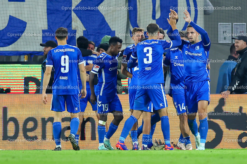 Koe14092401040 | 14.09.2024, 2. Fußball Bundesliga, 1. FC Köln - 1. FC Magdeburg, RheinEnergieSTADION, Saison 2024 2025: Torjubel nach dem 2:1 durch Jean Hugonet (1.FC Magdeburg #24)DFB regulations prohibit any use of photographs as image sequences and or quasi-video.