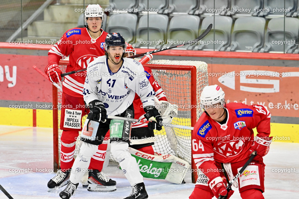 EC KAC Future Team vs. Die Adler Kitzbühl 7.10.2023 | #64 Preiml Maximilian EC KAC FUTURE TEAM, #41 Szabad Kevin EC Kitzbühel, #94 Siftar AnzeEC KAC Future Team vs. Die Adler Kitzbühl 7.10.2023, EC KAC Future Team vs. Die Adler Kitzbühl am 07.10.2023 in Klagenfurt (Messehalle Klagenfurt), Austria, (Photo by Bernd Stefan)
