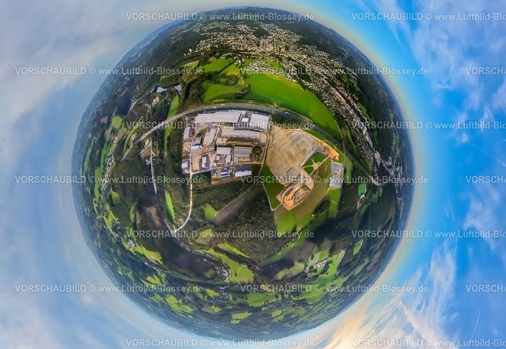Olpe230990442GewerbegebietA45Konrad-Zuse_Strasse | Luftbild, Gewerbepark Hüppcherhammer, Konrad-Zuse-Straße an der Autobahn A45, Erdkugel, Fisheye Aufnahme, Fischaugen Aufnahme, 360 Grad Aufnahme, tiny world, Olpe-Stadt, Olpe, Sauerland, Nordrhein-Westfalen, Deutschland