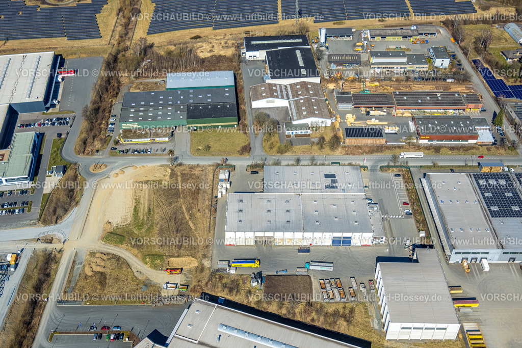 Meschede250304742 | Luftbild, Gewerbegebiet Enste mit Bürger-Solarpark an der Autobahn A46,  Enste, Meschede, Sauerland, Nordrhein-Westfalen, Deutschland