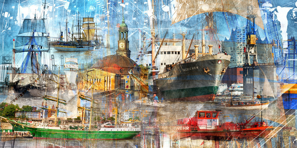 10220906 - Hafengeburtstag | Abstrakte moderne Hamburgcollage mit vielen Motiven vergangener Hafengeburtstage.