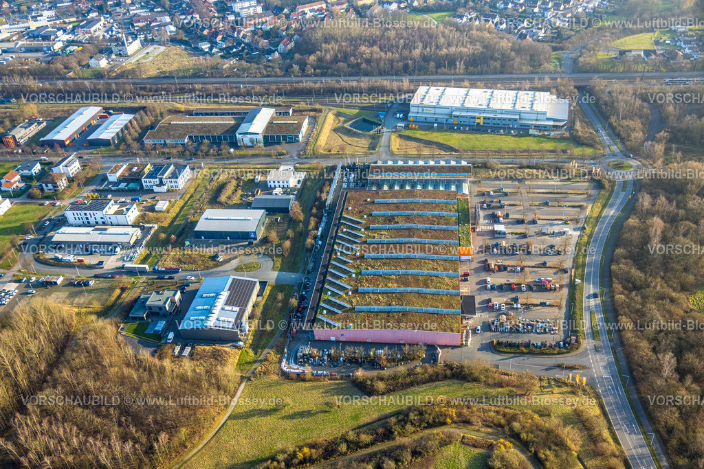 Hamm241200380 | Luftbild, OBI Markt Hamm Bauamrkt mit begrüntem Dach, hinten eurobahn GmbH &amp; Co. KG - Werkstatt Hamm-Heessen, A.H.G. Handelsgesellschaft für Haushaltswaren GmbH, Stadtbezirk Heessen, Hamm, Ruhrgebiet, Nordrhein-Westfalen, Deutschland