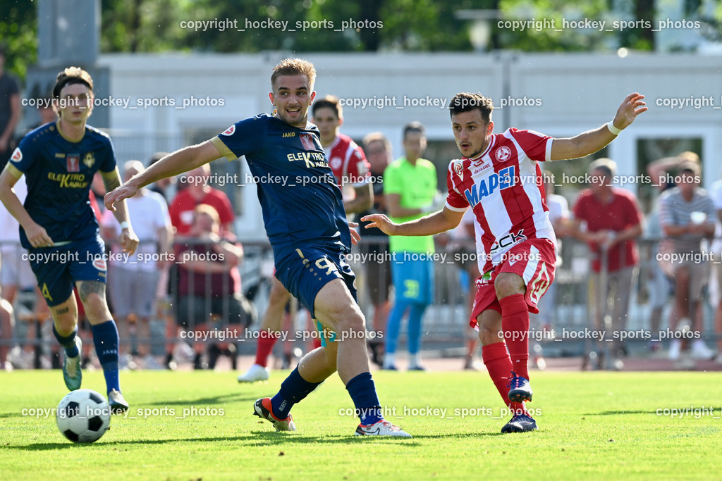 ATUS Velden vs. GAK | #99 Luca Alexander Pollanz ATUS Velden, #10 Christian Lichtenberger GAK, ATUS Velden vs. GAK, ATUS Velden vs. GAK am 26.07.2024 in Villach (Stadion Lind), Austria, (Photo by Bernd Stefan)
