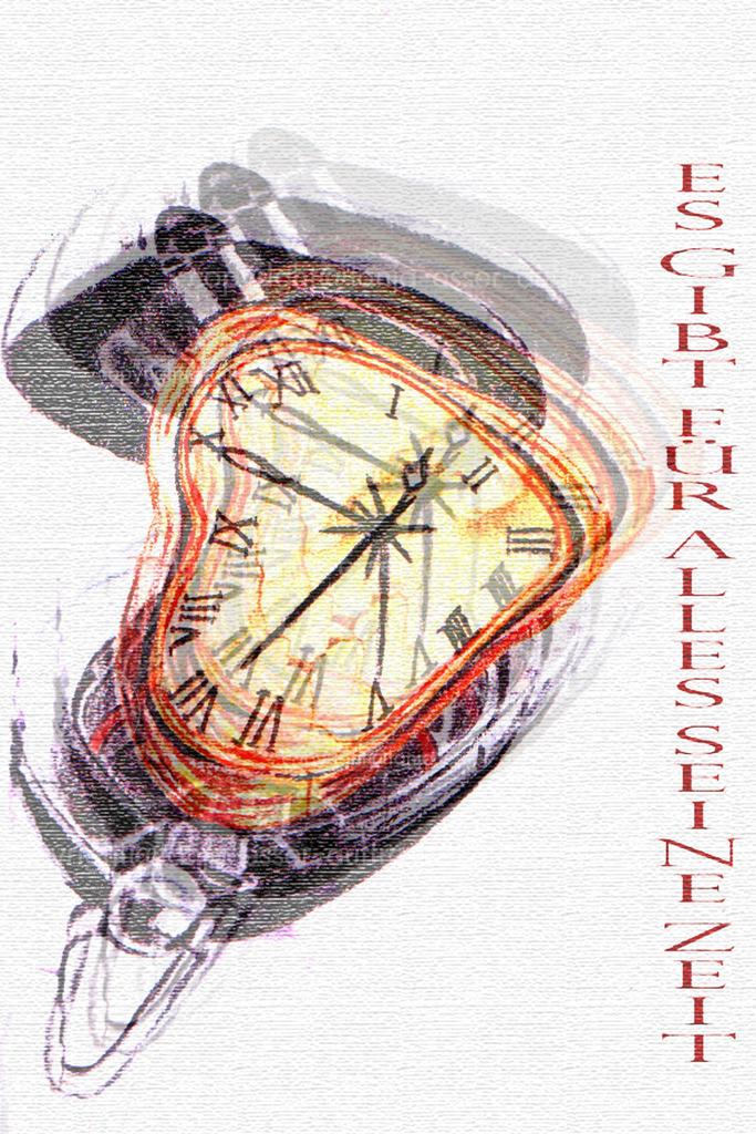 Es gibt für alles eine Zeit | Es gibt für alles eine Zeit als Text auf einer Illustration einer perspektivisch verbogenenen Uhr. Die Illustration ist mit Buntstiften gezeichnet worden. Eine Tripple Belichtung in verschiedenen Positionen ergibt einen Verwacklungseffekt. Vergangenheit, Gegenwart und Zukunft sind die drei Dimensionen. 