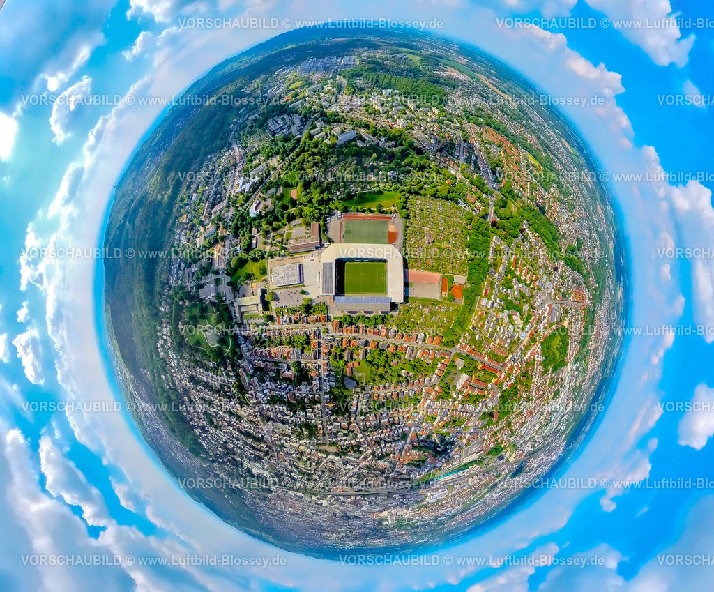 Bielefeld24059052DSC-ArminiaStadion | Luftbild, Ortsansicht Bielefeld, Fußballstadion SchücoArena des DSC Arminia Bielefeld, auch Almstadion oder Bielefelder Alm, Solardach, Erdkugel, Fisheye Aufnahme, Fischaugen Aufnahme, 360 Grad Aufnahme, tiny world, little planet, fisheye Bild, Mitte, Bielefeld, Ostwestfalen, Nordrhein-Westfalen, Deutschland
