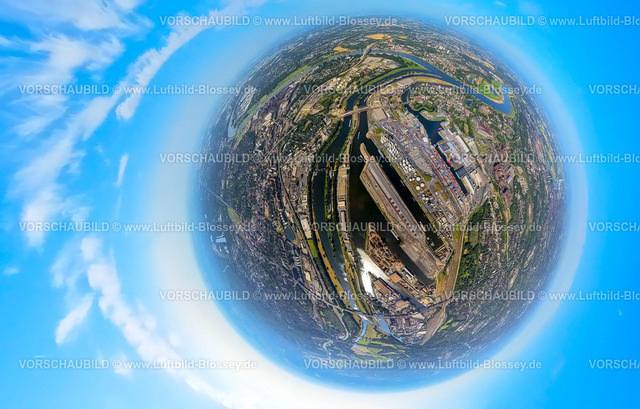 Duisburg230790186_DuisburgerHafen | Luftbild, Duisburger Hafen, duisport, Ölinsel, Kohleninsel, Schrottinsel, Erdkugel, Fisheye Aufnahme, Fischaugen Aufnahme, 360 Grad Aufnahme, tiny world, Ruhrort, Duisburg, Ruhrgebiet, Nordrhein-Westfalen, Deutschland